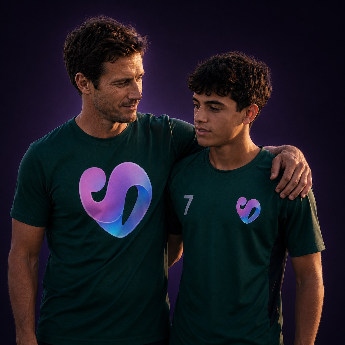 Coach with his arm around a young athlete, both wearing Salvra shirts
