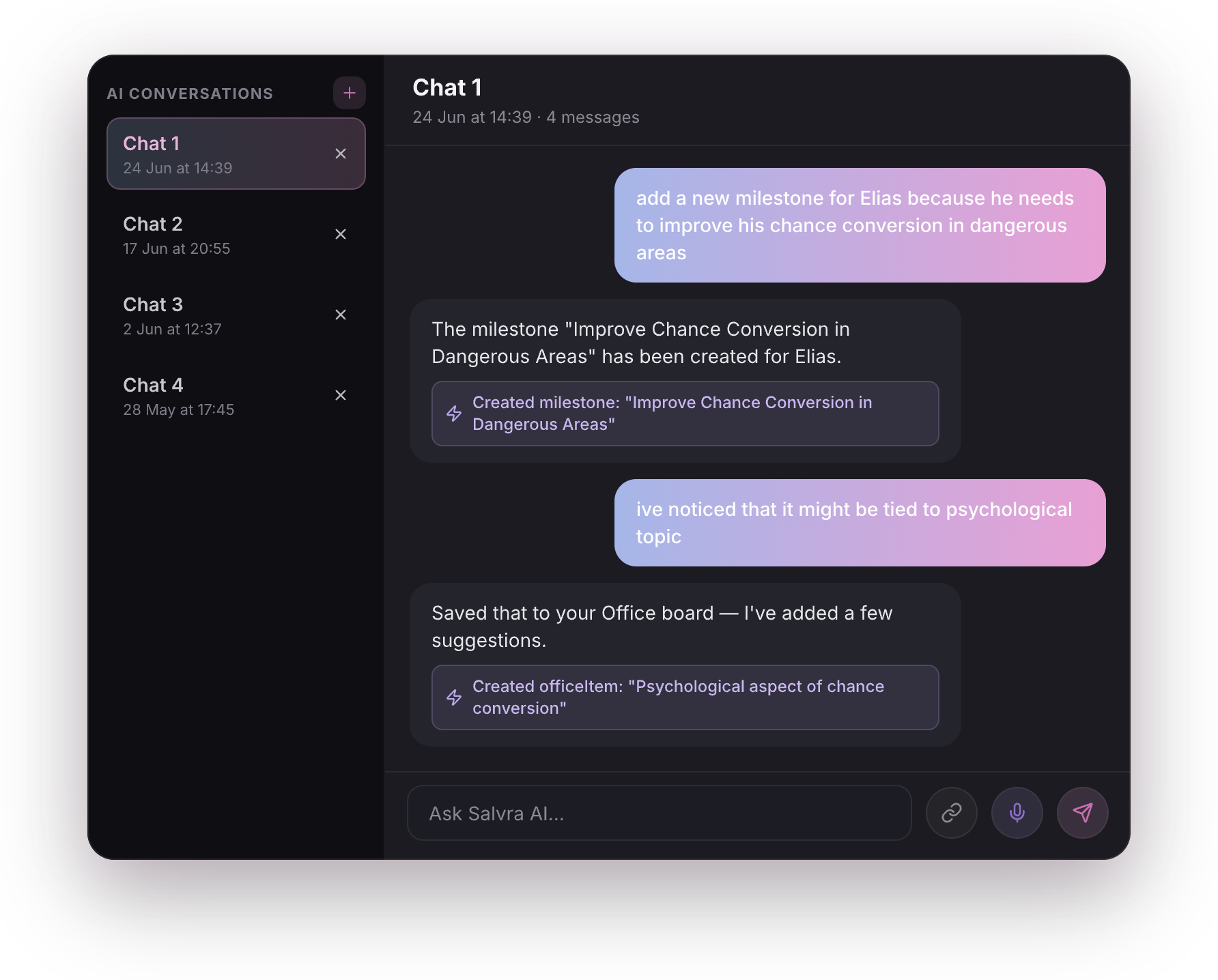 Salvra AI chat with conversation history and executed actions