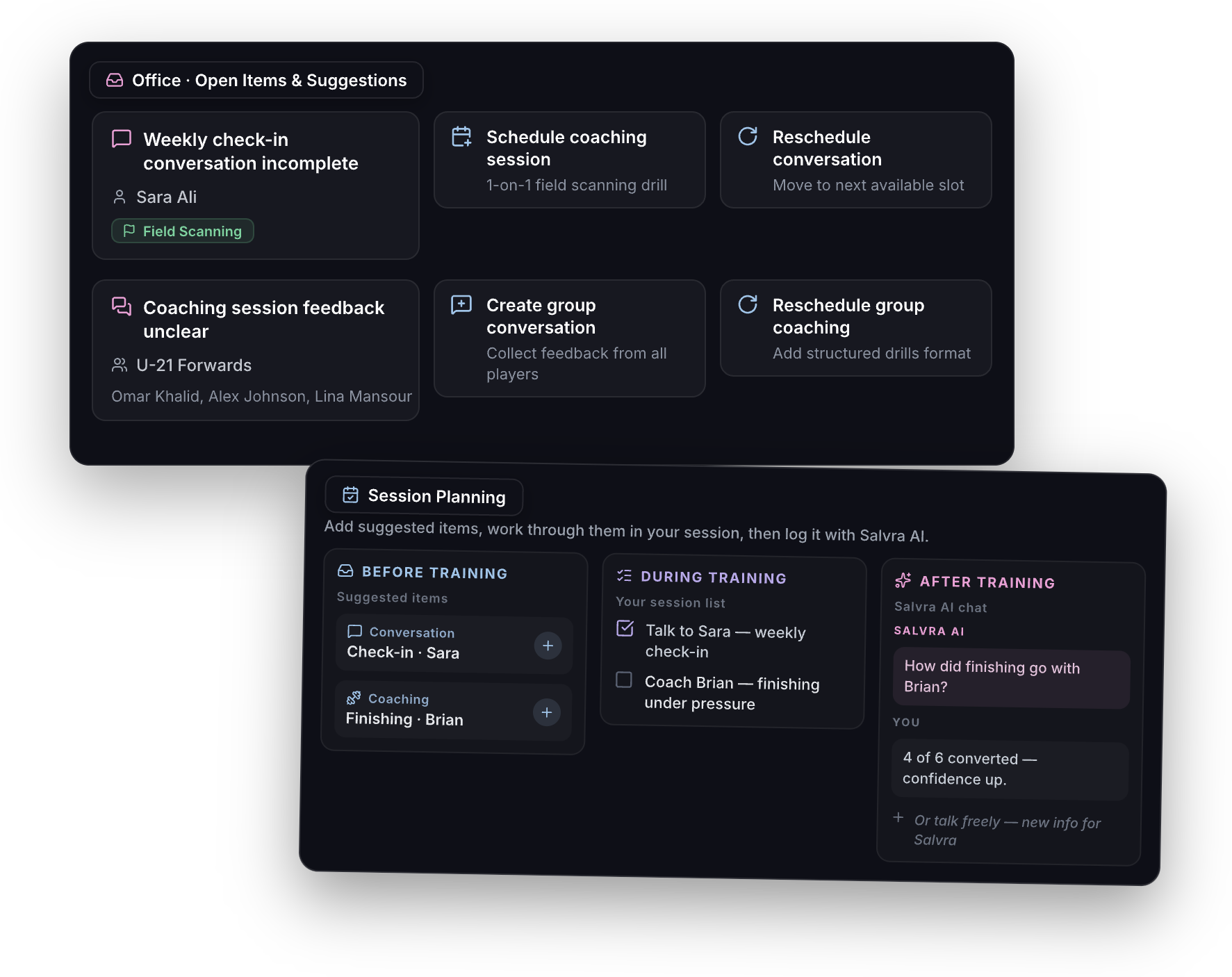 Office open items and session planning panels in Salvra